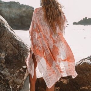 Breezy Lane Paisley Sheer Boho Open Front Kimono Swimsuit Coverup Duster Gypsy